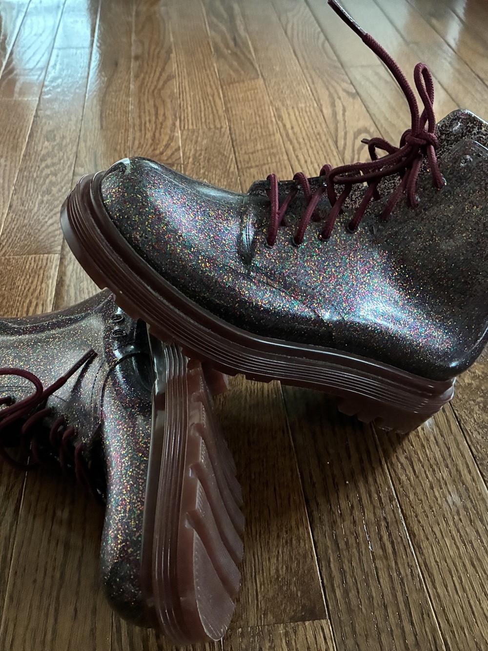 Melissa Coturno Glitter Combat Boots Translucent Burgundy Jelly Platform US 7